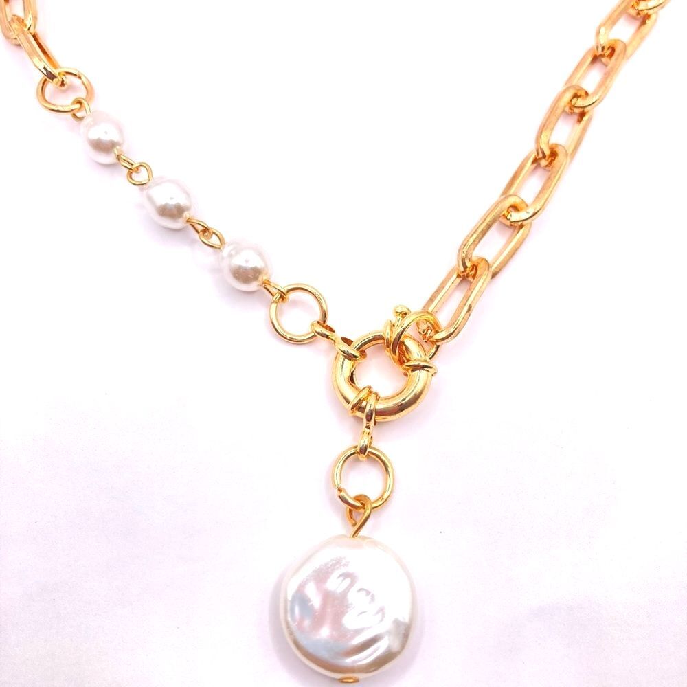 Gold Link Chain Asymmetrical Faux Pearl PendantNnecklace